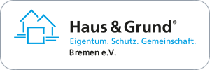 Logo Haus und Grund Bremen mit Skizze von Häusern in blau